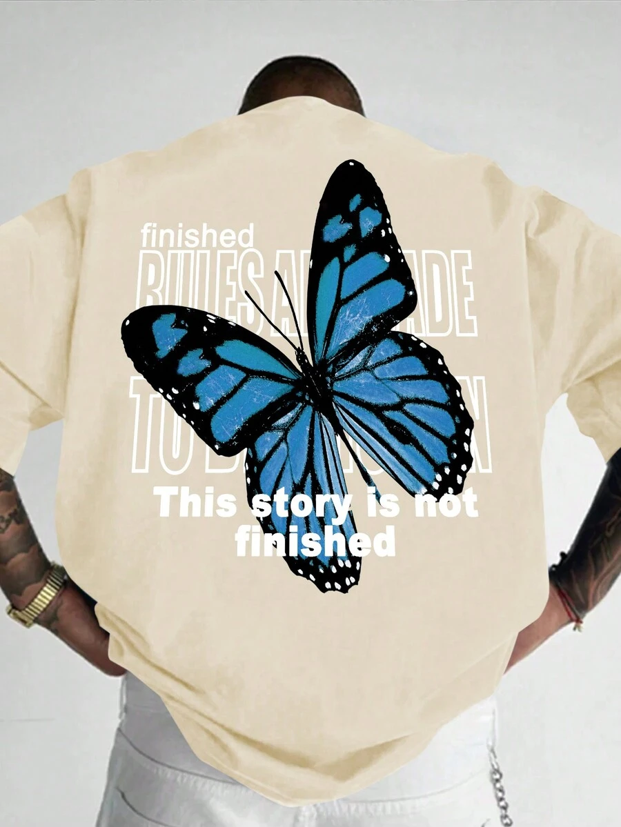 Manfinity Homme Men's Butterfly & Slogan Printed T-shirt - Khaki - View 1
