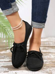 女童圆头低帮平底系带休闲平底鞋 - 黑色 - 查看 5