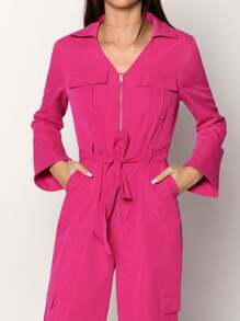 SHEIN Essnce Solid Color Jumpsuit With Belt, Utility Style - Hot Pink - View 1
