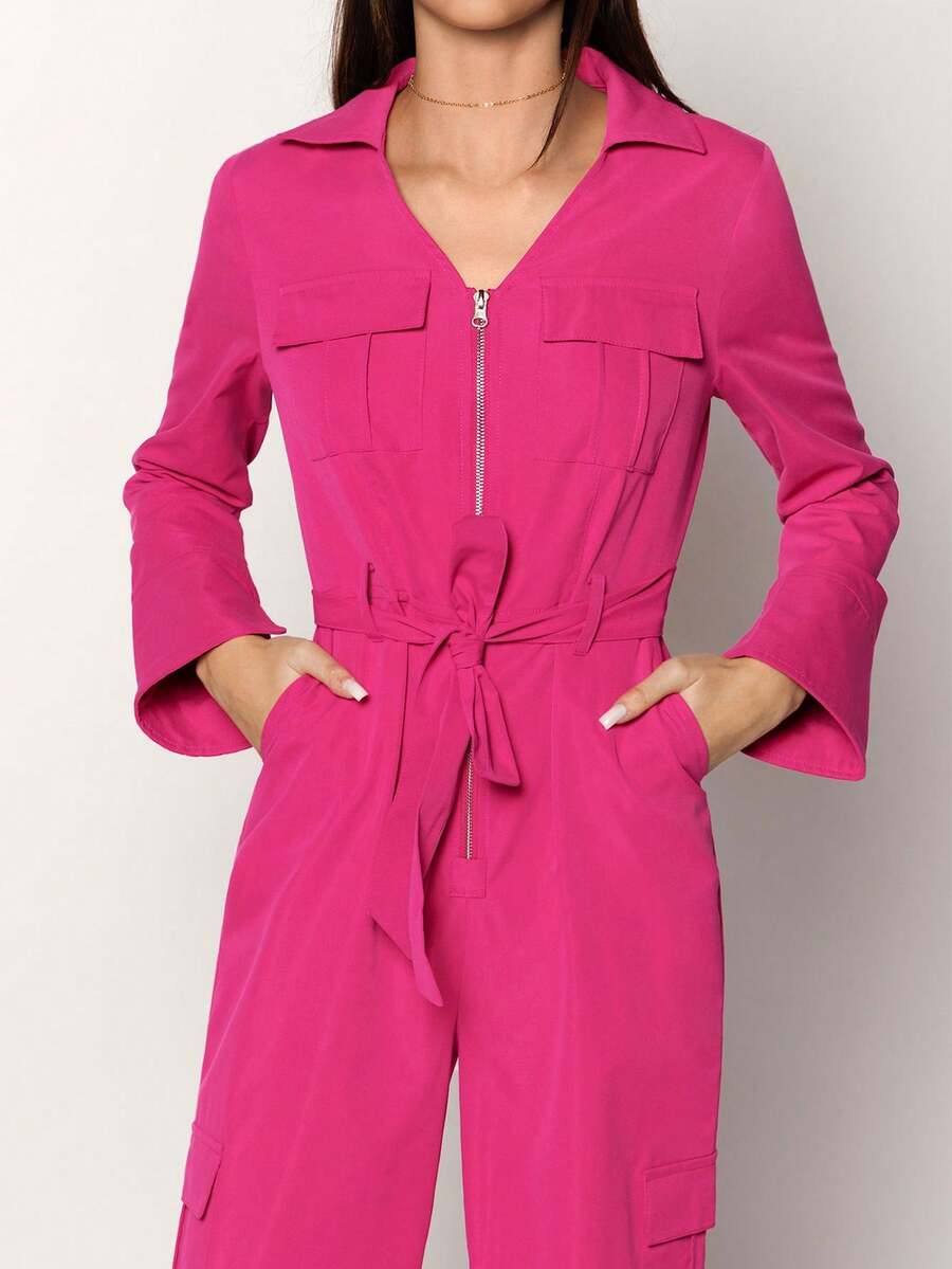SHEIN Essnce Solid Color Jumpsuit With Belt, Utility Style - Hot Pink - View 1