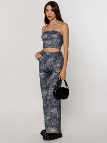 SHEIN Essnce Silver-Plated Strapless Two Piece Set - Blue - View 3