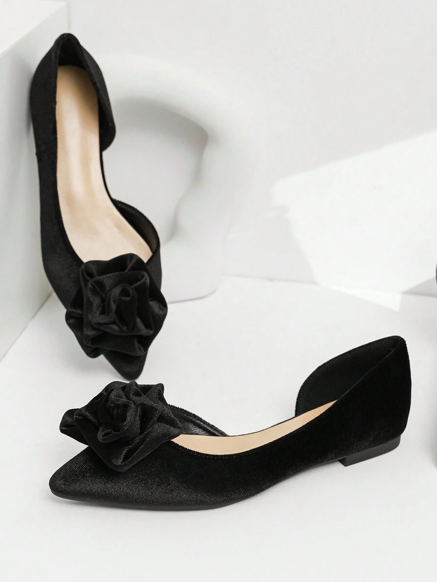 低帮女尖头纯色秋季新款花朵温柔优雅平底鞋 - 黑色 - 查看 1