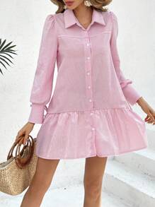 SHEIN VCAY 女士有褶邊條紋連衣裙 - 粉色 - 查看 1