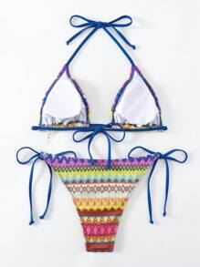 SHEIN Swim Conjunto de bikini con patrón geométrico y nudos en los laterales para playa y verano - Multicolor - Ver 3