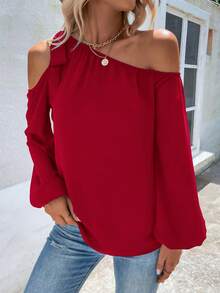 SHEIN LUNE Solid Asymmetrical Shoulder Shirt - Burgundy - View 7