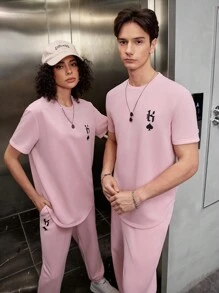 Manfinity VCAY 1set Knitted Casual Printed Top And Pants - Pink - View 5