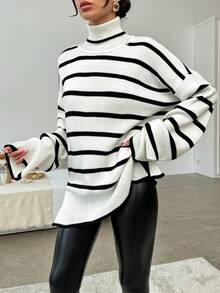 SHEIN 女士條紋高領落肩毛衣 - 黑與白 - 查看 3