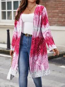 SHEIN LUNE Plus Sequin Print Open Front Coat - Hot Pink - View 5