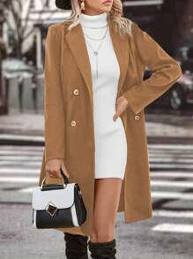 SHEIN Clasi Turn-Down Collar Double Breasted Overcoat - Brown - View 3