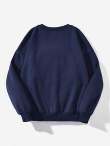 Slaydiva 女士落肩人物与字母印花保暖衬里运动衫 - 藏蓝色 - 查看 2