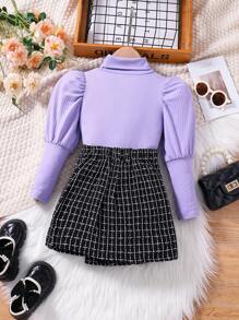 SHEIN Conjunto De Blusa Y Falda De Color Sólido Para Niñas Pequeñas - Morado - Ver 2