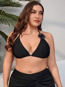 SHEIN Swim Curve 大码女式 3d 花朵装饰泳衣上衣 - 黑色 - 查看 4