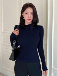 DAZY Women Casual Business Style Solid Color Slim Fit Sweater,Long Sleeve Tops,Fall Clothes - Navy Blue - View 3