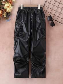 Tween 女孩酷炫閃亮壓褶工裝褲 - 黑色 - 查看 1