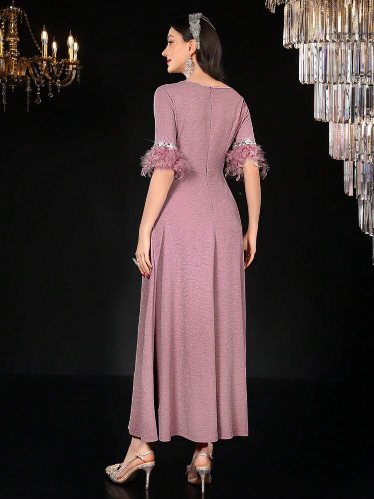 Women's Asymmetrical Neckline Contrast Sequins Rhinestone Embellished Arab Style Feather Patchwork Dress,Elegant Evening Party Dress