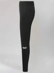 女式修身高腰彈性緊身褲,彈性腰帶,純色款式 - 黑色 - 查看 3