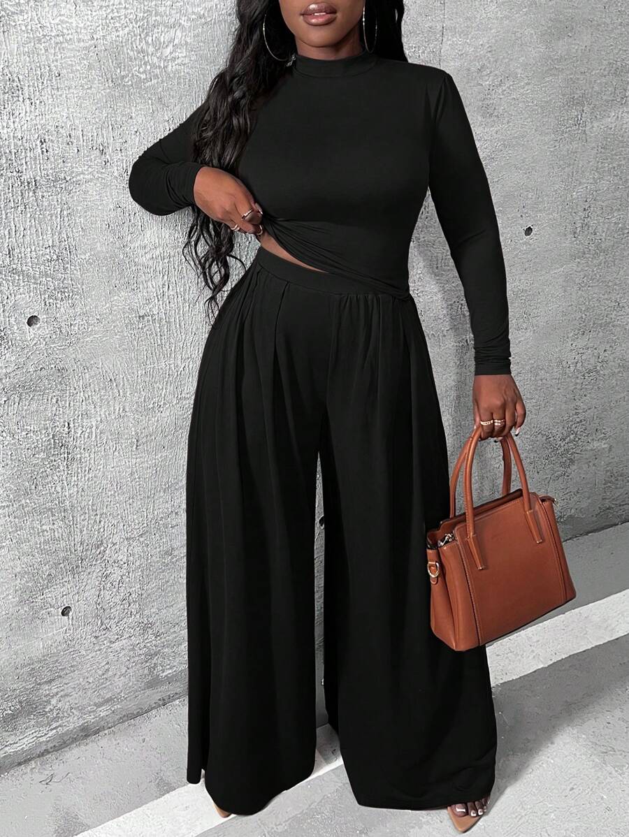 Slaydiva Của phụ nữ Đứng cổ áo Tay áo dài Áo Và Quần ống rộng Bộ - màu đen - Xem 1