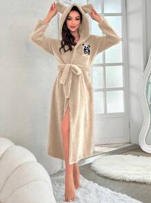 女用卡通刺繡 3d 耳朵連帽腰帶泰迪絨浴袍 - 卡其色 - 查看 5