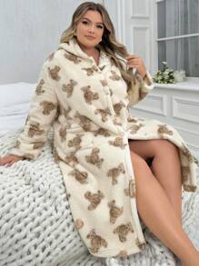 Plus Size Cartoon Teddy Bear Pattern Furry Robe - Beige - View 4