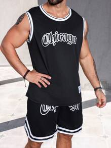 Manfinity Homme Heren Grote maten Alfabet Print Gestreepte trim Tank tops En Short set
