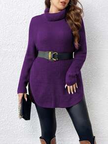 SHEIN LUNE Plus Size Solid Color Turtleneck Long Sleeve Sweater With High Low Hem Pullover - Purple - View 4