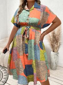 SHEIN LUNE Kích thước lớn tay cánh Thắt lưng Váy sơ mi - Hồng - Xem 3