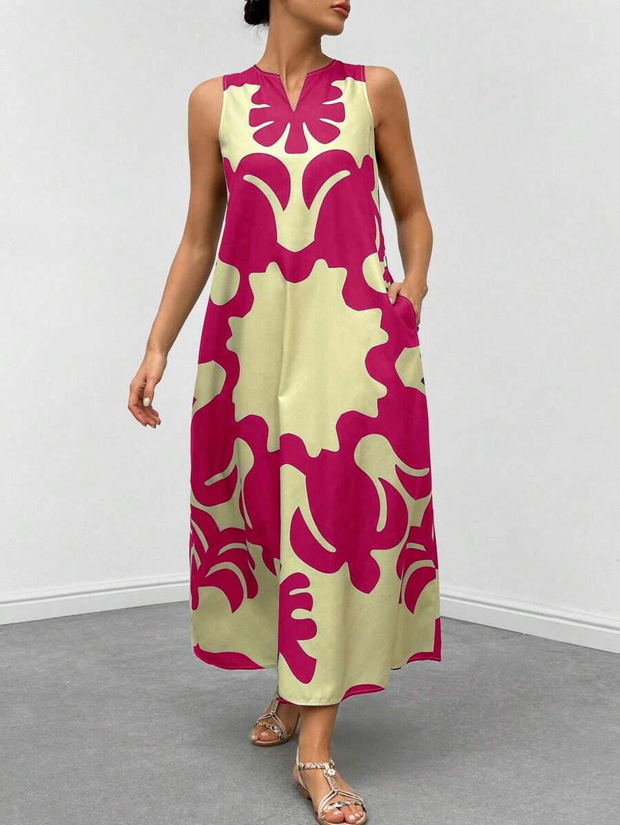 EMERY ROSE 女式印花连衣裙，配有隐藏式口袋，女式长款服装