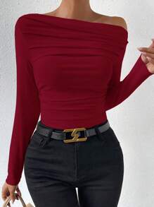 Chiquease Asymmetrical Neckline Long Sleeve T-Shirt - Burgundy - View 5