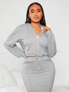 SHEIN SXY 性感服裝俱樂部短款休閒連帽衫工裝女士衛衣 - 淺灰色 - 查看 4