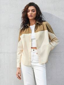 BizChic Của phụ nữ Khối màu Thả vai Áo sơ mi - Màu Khaki - Xem 5