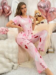 Women's Milk Silk Pajama Set With Heart Print - Pink - View 3