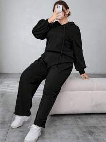 SHEIN Essnce Plus Size Women'S Textured Hooded Top & Pants Set - Apricot - View 3