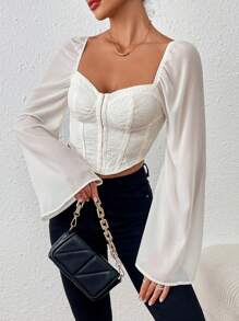 SHEIN Privé 女士純色削肩甜心領打袖上衣 - 杏色 - 查看 3