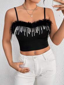 Zolique Women Tank Tops & Camis Kontras Faux Fur Plain Casual Pesta - Hitam - View 5
