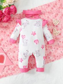 Baby Girls' Cute Cartoon Watercolor Elephant Heart Balloon Patchwork Jumpsuit With Headband