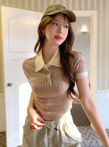 DAZY 女士對比色撞色翻領針織上衣