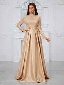 YISIKADO Long Sleeve Stand Collar Sequin Panel Pleated Evening Dress (With Belt) Elegant Formal Prom Wedding Guest Gown, For Graduation, Dinner Party Dress
