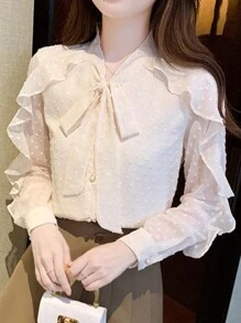 Camicia A Maniche Lunghe Color Pesca Con Decorazione Fiocco, Bottoni E Cintura Per Donne