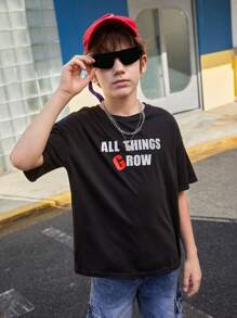 SHEIN Boys' Casual Letter Printed Pattern Round Neck Pullover Short-Sleeved Top With Sleeves - Black - View 6