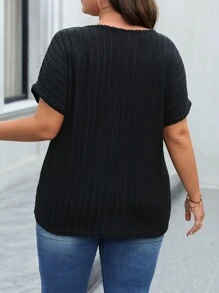 SHEIN CURVE+ 大尺碼純色前拉鍊 T 卹 - 黑色 - 查看 2