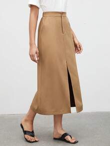 SHEIN BIZwear 女款純色高開衩半身裙 - 卡其色 - 查看 6
