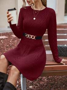 SHEIN Clasi Xoắn Dan Đầm Áo len Không có thắt lưng - Màu Đỏ Sâu - Xem 5