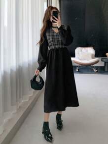 DAZY Của phụ nữ Kẻ sọc Vá lại Vòng cổ & Viền ren Xu hướng: Cắt giảm Đầm - màu đen - Xem 3