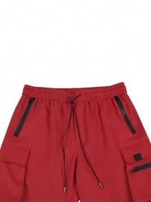Manfinity Homme Men's Solid Color Drawstring Waist Cargo Shorts Plain Dark Red - Red - View 4