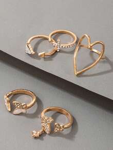 ROMWE 5入組簡單時尚合金鑲鑽蝴蝶吊墜,空心大心形和設計戒指為女性設計,適用於約會禮物 - 金色 - 查看 4