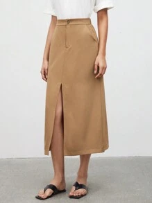 SHEIN BIZwear 女款純色高開衩半身裙 - 卡其色 - 查看 5
