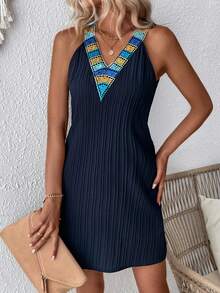 SHEIN LUNE 刺繡無袖連衣裙,帶飾花 - 藏蓝色 - 查看 3