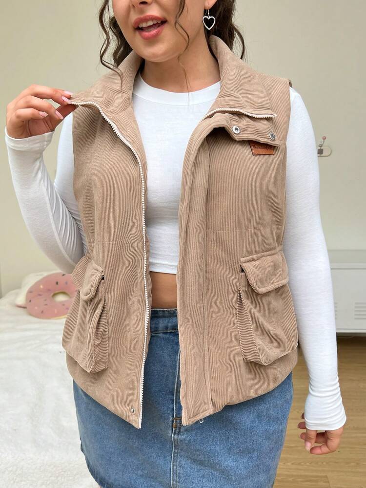 Plus Size Corduroy Vest With Flap Pockets & Button Front, Padded Coat