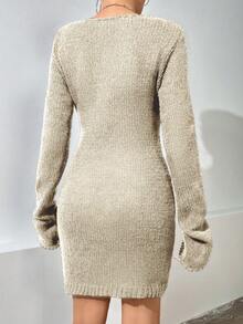 SHEIN Unity 純色修身針織毛衣連衣裙 - 杏色 - 查看 2