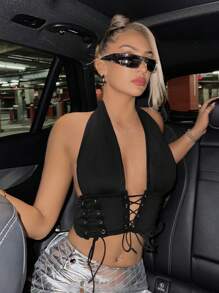 SHEIN ICON Áo đi chơi Áo đi chơi Áo ba lỗ cổ chữ V sâu có dây đeo chéo - màu đen - Xem 3